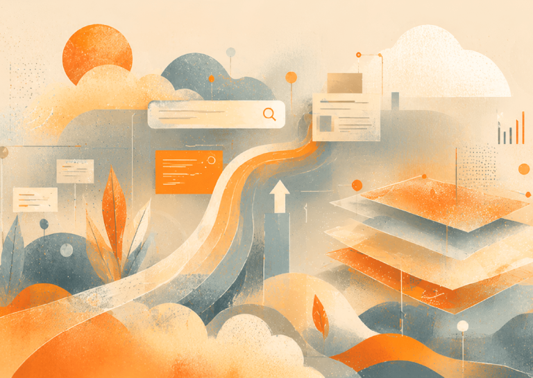 Abstract illustration of AI-powered search and content discovery, featuring layered digital interfaces, search bars, flowing data paths, cloud shapes, and analytics elements symbolizing how AI models process information, authority, and brand relevance in the future of AI search.