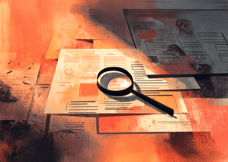 Abstract illustration of a magnifying glass over reports and charts, representing auditing content visibility across search engines, AI answers, and social platforms.