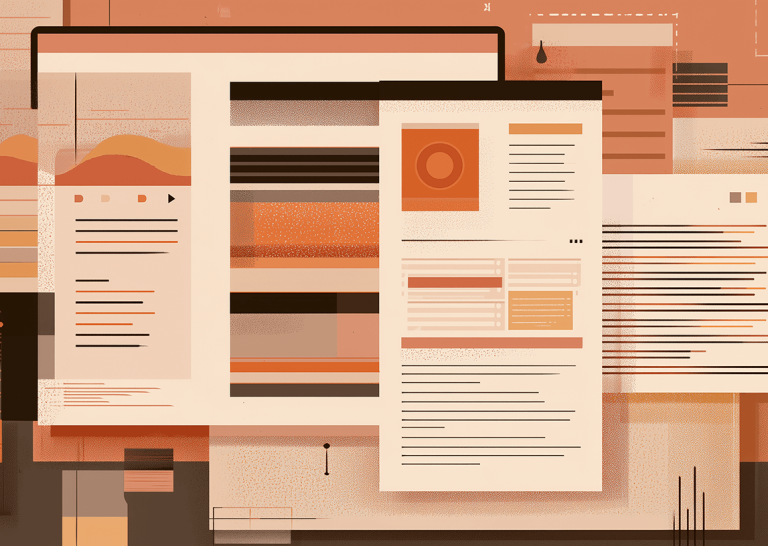 Stylized digital content layouts and web pages layered together, representing how well-structured content can function as both a resource guide and a conversion-focused page.