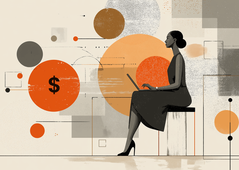 Illustration of a professional working on a laptop surrounded by abstract data and financial symbols, representing the strategic planning, budgeting, and resource allocation behind digital PR campaigns and pricing structures.