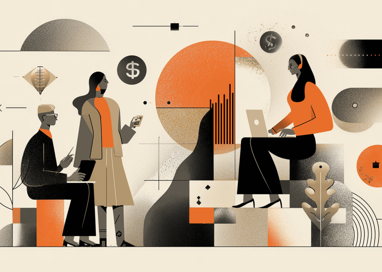 Abstract illustration of professionals analyzing financial and performance data, with charts, dollar symbols, and digital elements, representing the strategic and cost-driven factors behind digital PR campaigns and pricing decisions.