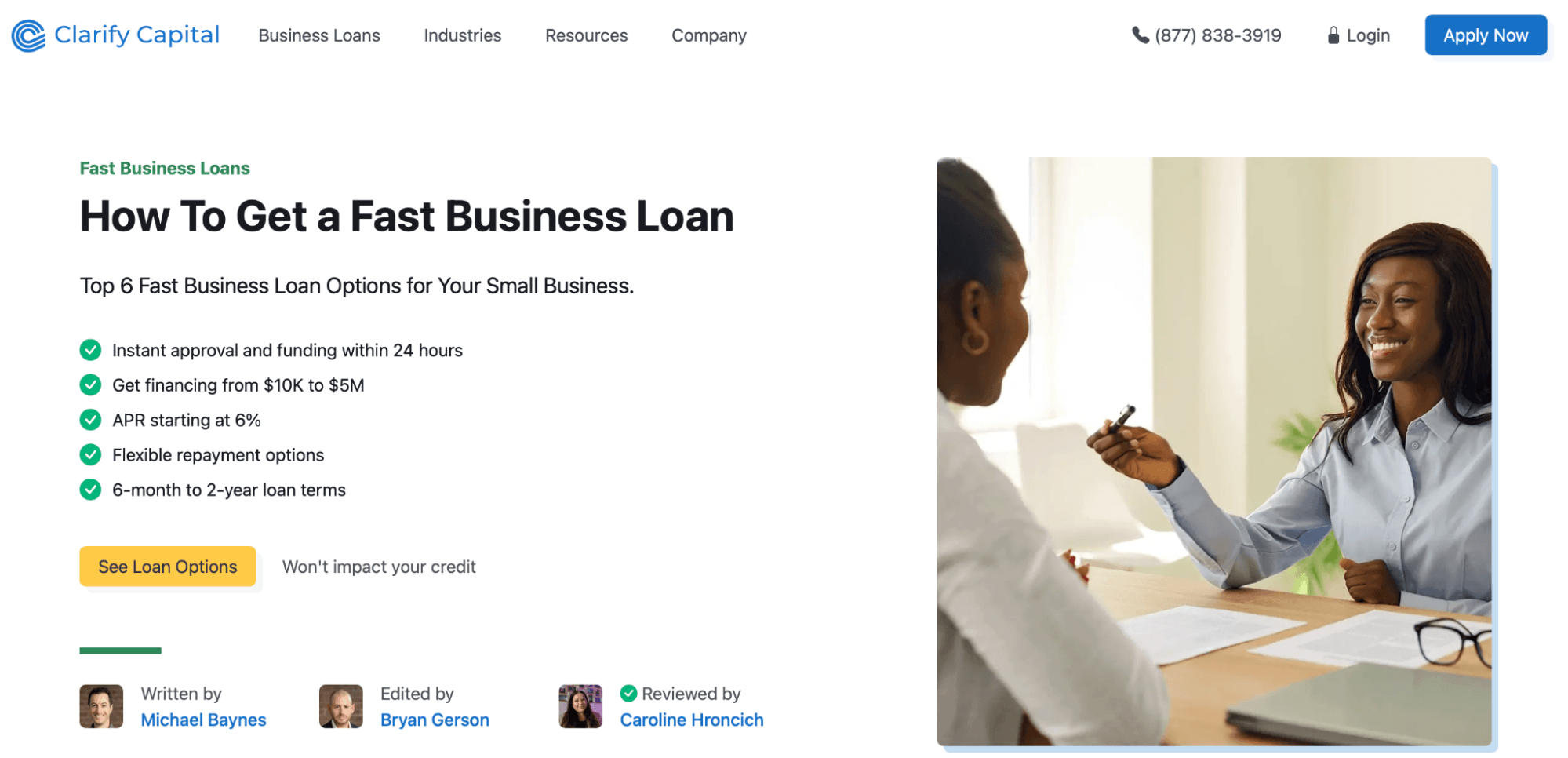 Fast business loan page with benefits, terms, and application details, showing how conversion-focused content can still deliver value and attract links.