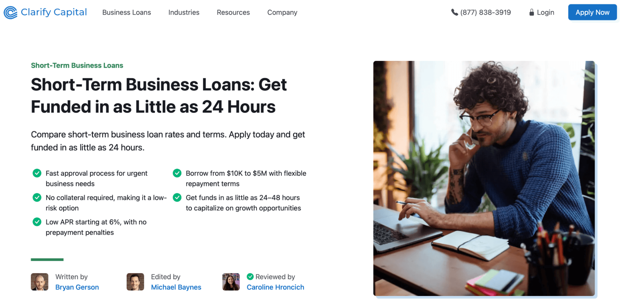 Short-term business loan landing page with detailed information and comparison points, demonstrating a money page that earns backlinks by providing useful, data-rich content.