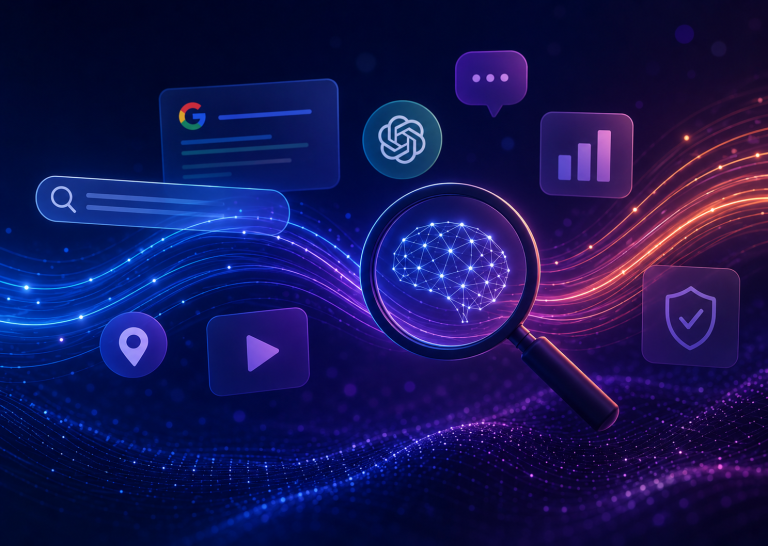 Abstract digital illustration representing the evolution of AI search and brand discovery. A glowing neural network appears inside a magnifying glass surrounded by floating search, analytics, chat, video, location, and security icons. Blue and purple light waves flow across a dark background, symbolizing the interconnected relationship between search engines, AI assistants, social platforms, and online visibility.
