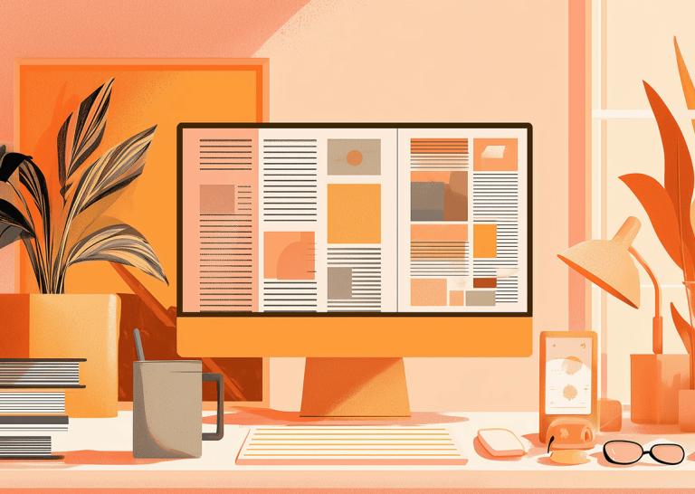 Illustrated desktop with a computer displaying editorial-style content layouts, representing the strategic content creation and story development behind media pitches that earn coverage.