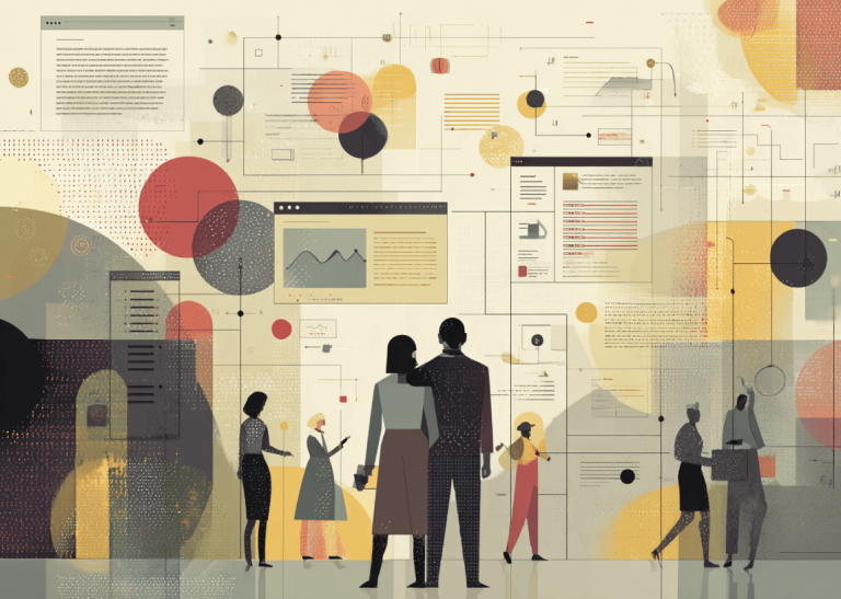 Abstract illustration of AI search transformation, digital marketing analytics, search behavior research, and consumer discovery trends featuring data dashboards, reports, visualizations, connected information systems, and people analyzing search and marketing insights.