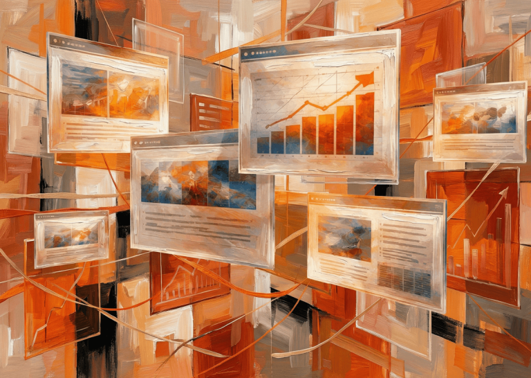 Abstract visualization of multiple digital dashboards and rising analytics charts, representing measurable SEO results, traffic growth, and link-building performance delivered by digital PR campaigns.