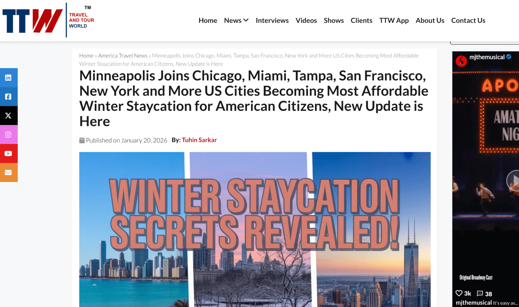 Travel and Tour World article about affordable winter staycation destinations in the United States, featuring cities such as Minneapolis, Chicago, Miami, Tampa, San Francisco, and New York.