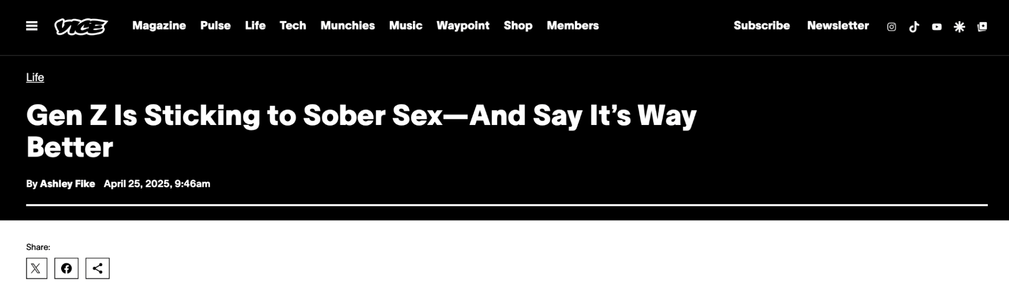 Screenshot of a VICE Life article titled “Gen Z Is Sticking to Sober Sex—And Say It’s Way Better,” discussing Gen Z trends, sober dating, intimacy, and alcohol-free relationships.