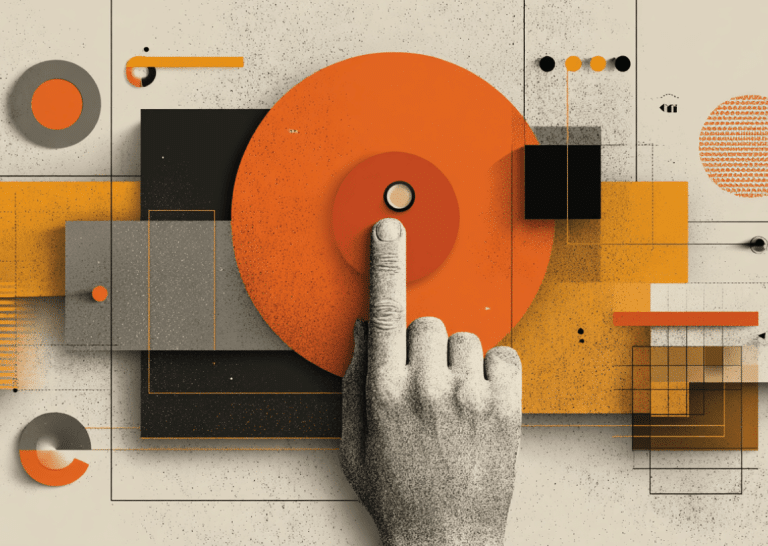 Abstract digital search illustration with a hand pressing an orange button among geometric shapes.