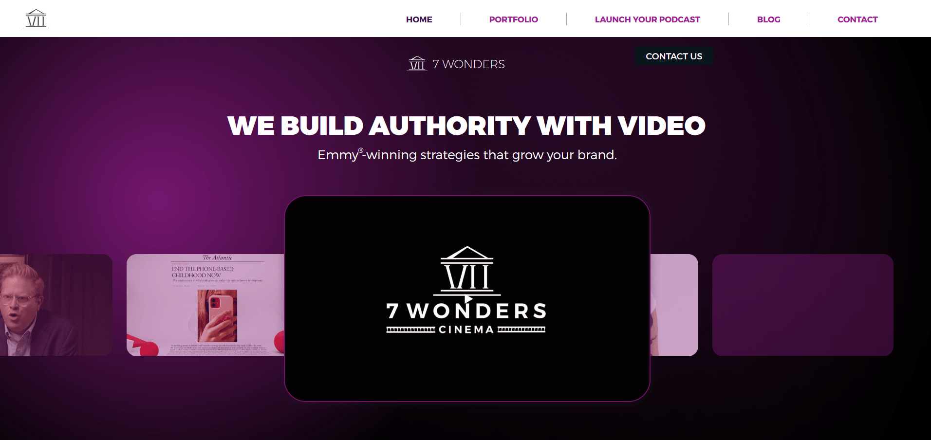 A purple-toned website homepage features the bold headline “WE BUILD AUTHORITY WITH VIDEO” with a subheading about Emmy®-winning strategies. Centered on the page is a black video thumbnail displaying the 7 Wonders Cinema logo in white.