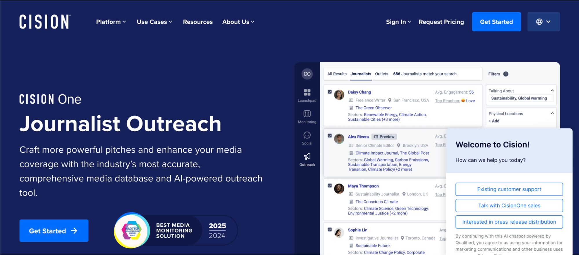 Cision media outreach platform displaying journalist search tools for PR distribution and content promotion.