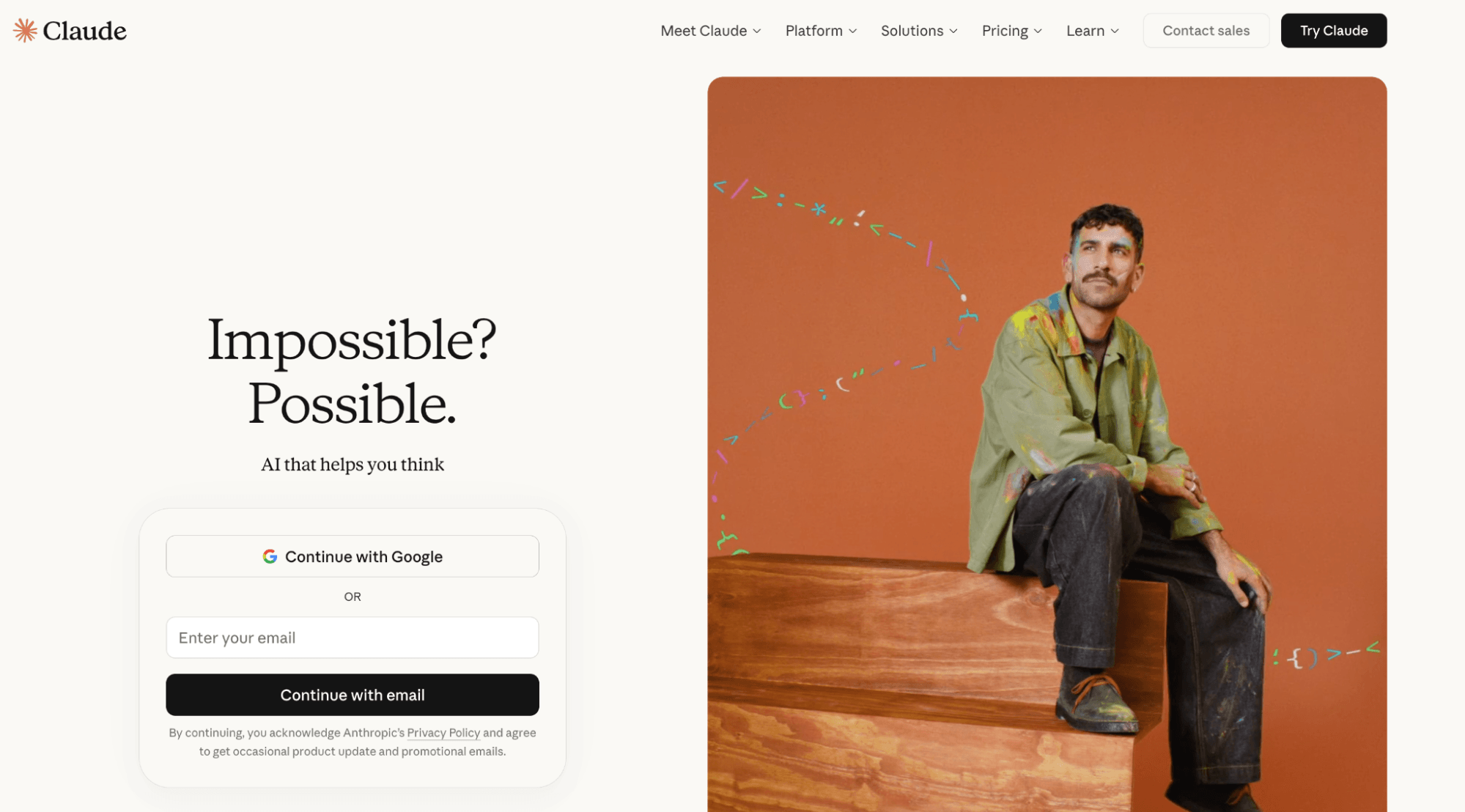 Claude AI platform homepage highlighting long-form writing, structured content, and thoughtful content optimization.