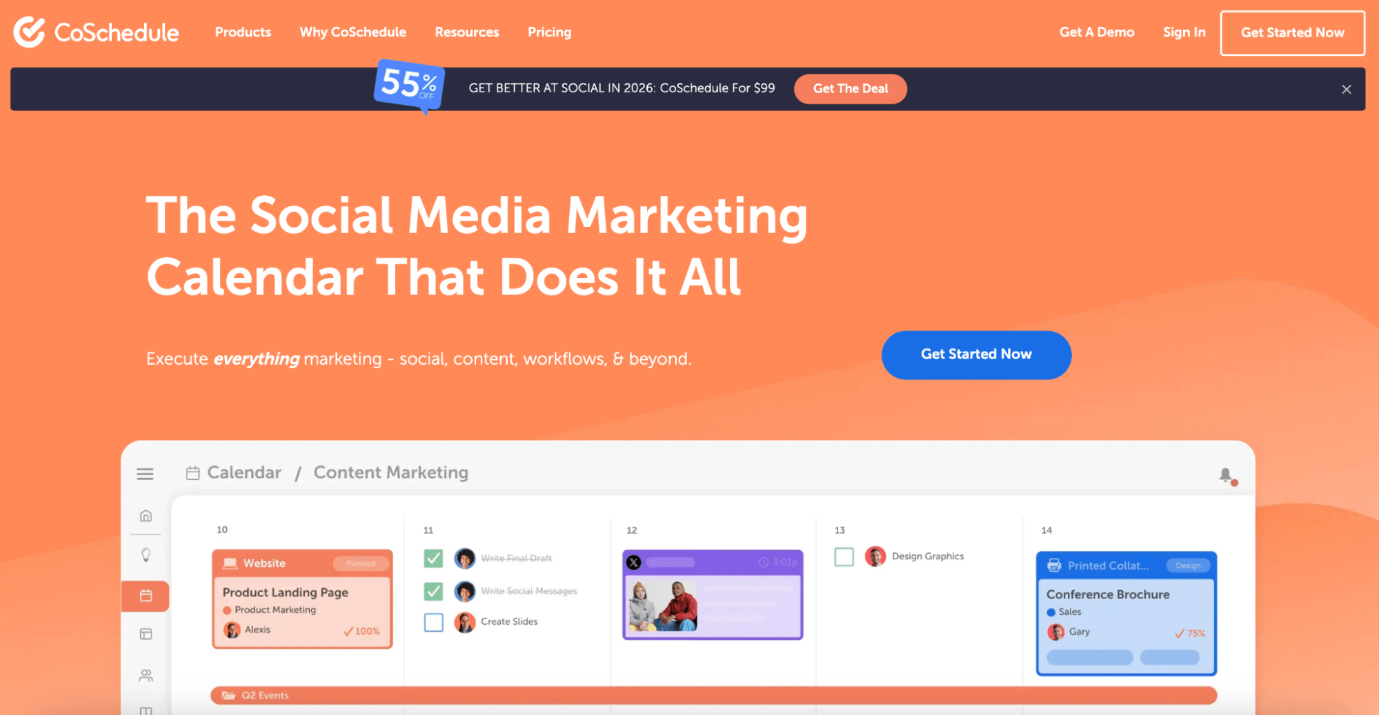CoSchedule content calendar interface used to plan blog posts, social media campaigns, and marketing workflows.