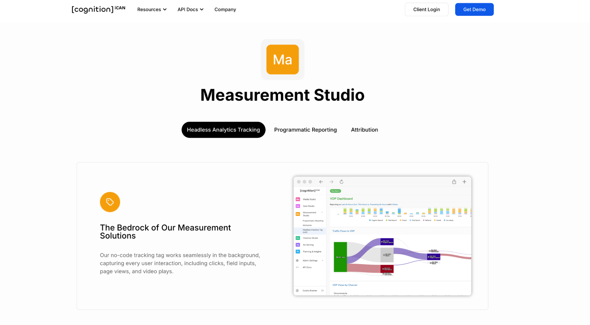 Measurement Studio analytics dashboard visualizing user behavior and performance tracking across digital content journeys.