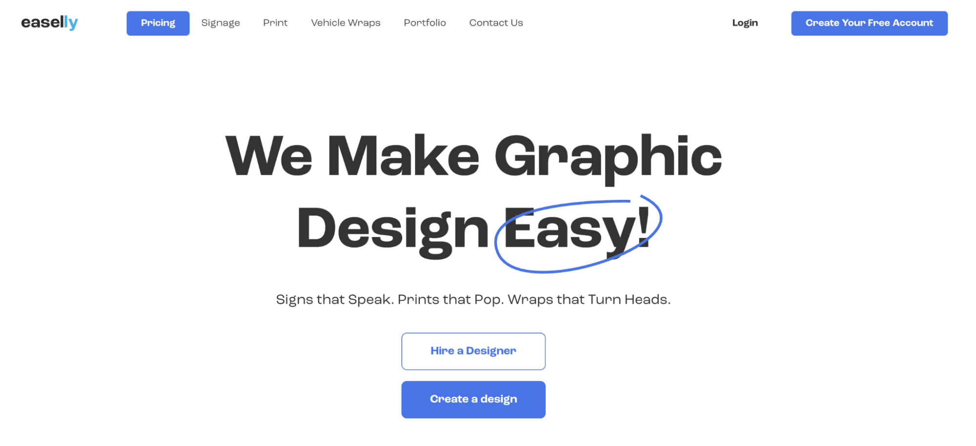 Homepage of Easelly showing a headline about making graphic design easy for creating infographics and visual content.