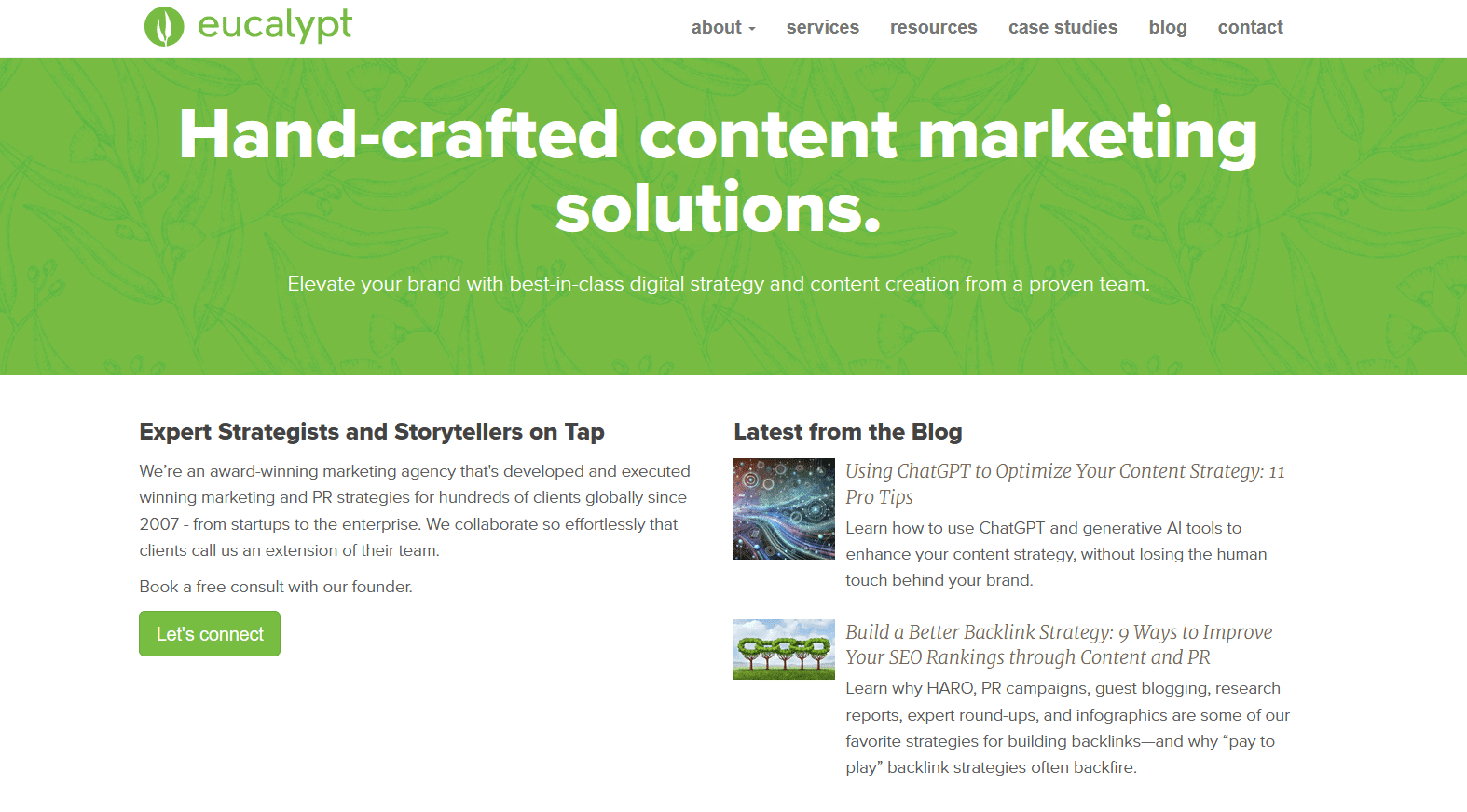 A website homepage features a green banner with the bold white text “Hand-crafted content marketing solutions,” followed by a subheading about digital strategy and content creation. Below, two columns highlight the agency’s services and recent blog posts, with a green “Let’s connect” button under the introductory text.