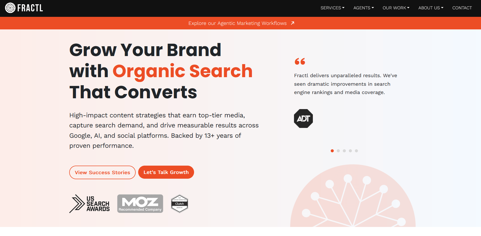 A marketing agency webpage with the headline “Grow Your Brand with Organic Search That Converts” in bold text. It promotes high-impact content strategies for improving search performance and includes buttons labeled “View Success Stories” and “Let’s Talk Growth,” along with award badges and a testimonial from ADT.
