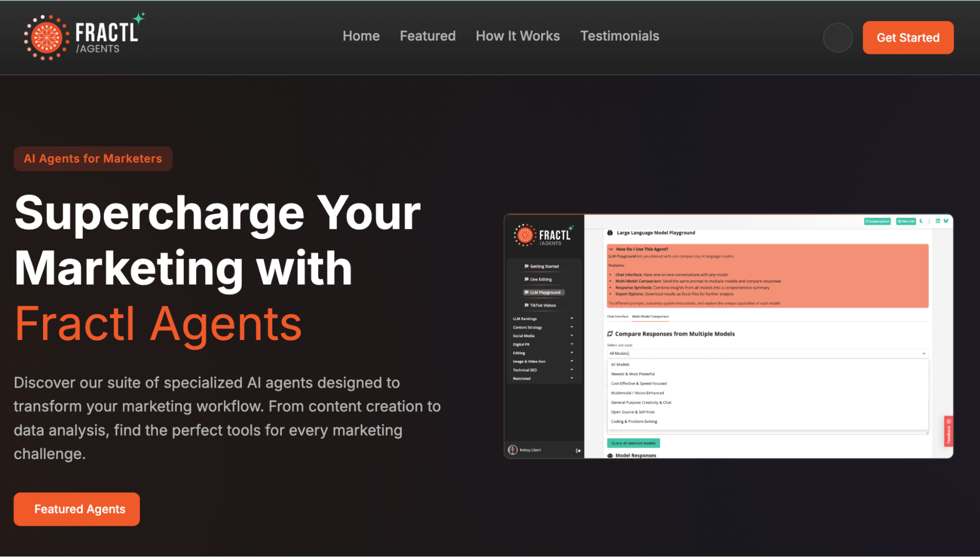 Fractl Agents dashboard showcasing AI-powered tools for content ideation, SEO optimization, and marketing workflows.