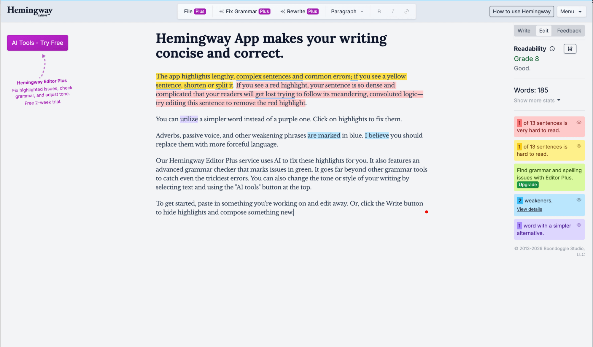 Hemingway Editor highlighting readability and sentence complexity