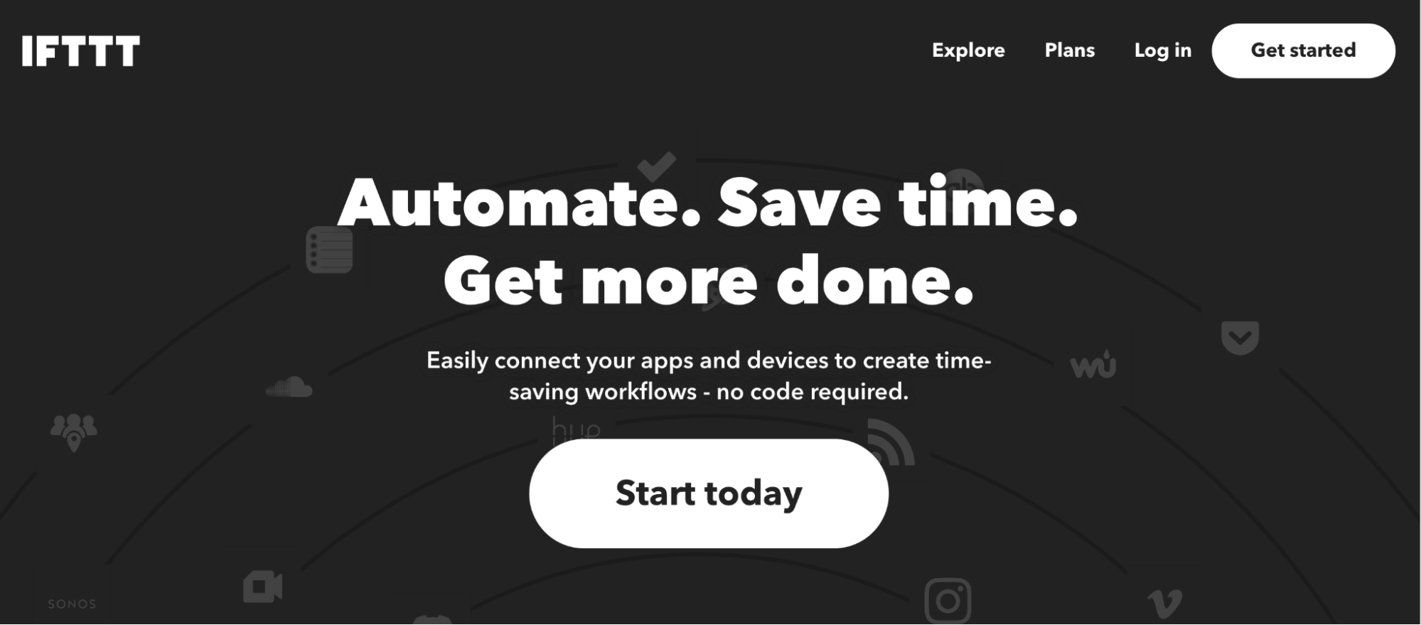 IFTTT homepage highlighting automated workflows that connect apps to streamline marketing and content processes.