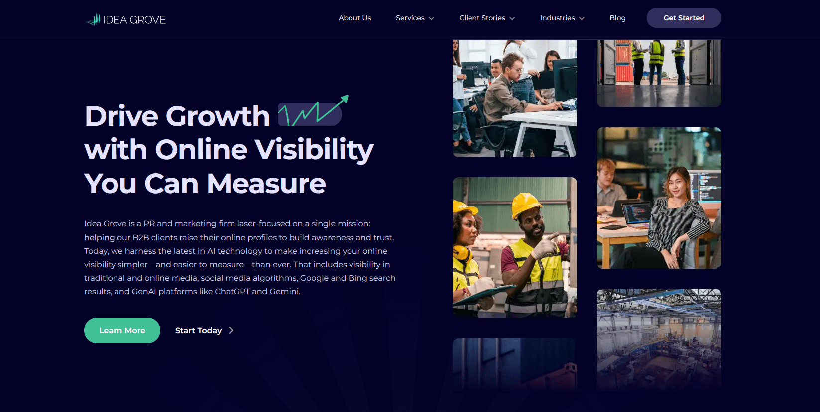 A dark-themed homepage features the headline “Drive Growth with Online Visibility You Can Measure” alongside a paragraph about using AI and digital tools to boost B2B brand awareness. To the right, four vertically stacked images show professionals in various work environments, including offices, industrial settings, and a warehouse.