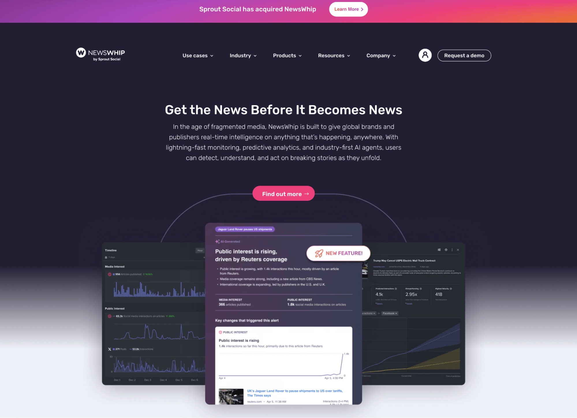 NewsWhip analytics interface highlighting real-time trending news and content monitoring for marketers.