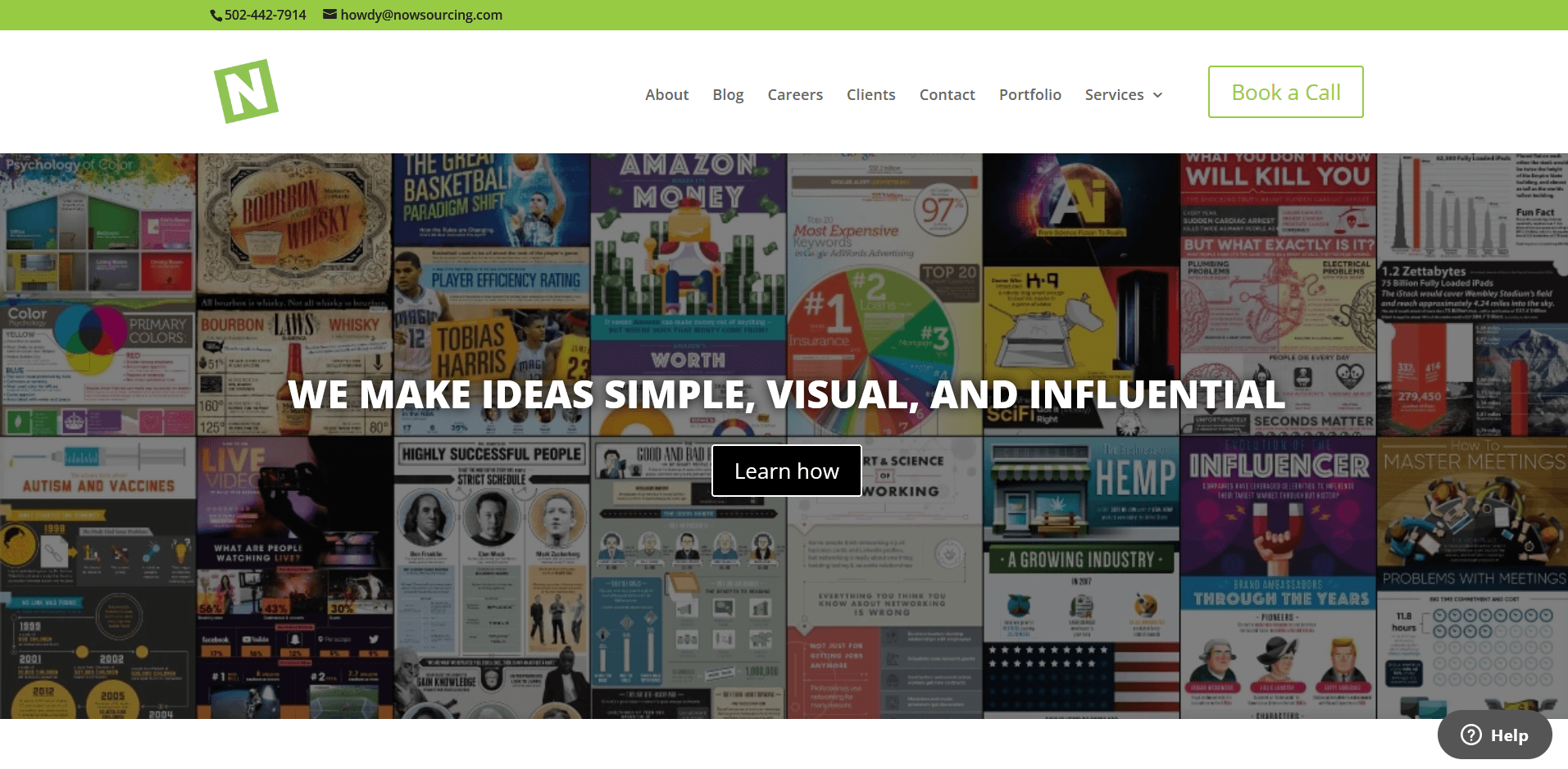 A website homepage displays a collage of colorful infographics with the bold white text “We make ideas simple, visual, and influential” across the center. A black “Learn how” button is placed beneath the statement, overlaying the image grid.