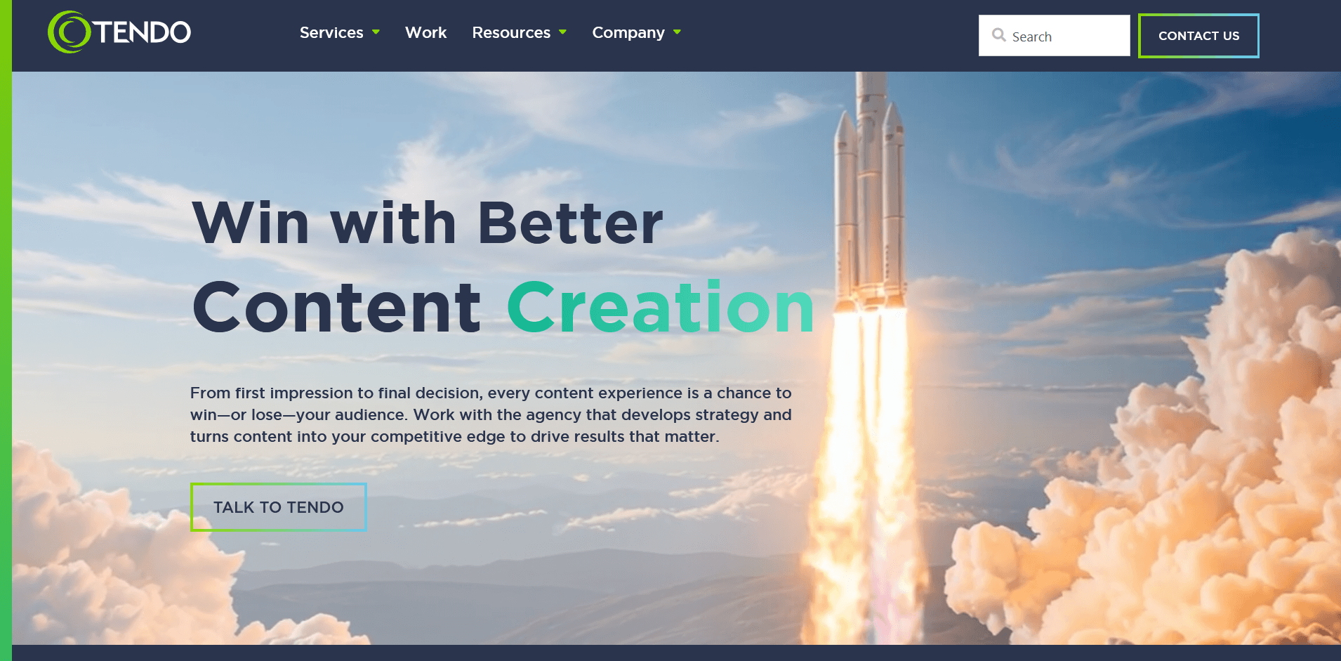 A website homepage features a rocket launching into a blue sky with the bold text “Win with Better Content Creation” in the foreground. Below, supporting text emphasizes strategic content development, and a green button reads “Talk to Tendo.”