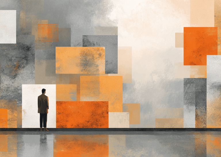 Abstract illustration of a lone person standing in front of a large wall of layered geometric rectangles in muted gray, beige, and orange tones, creating a contemplative, modern atmosphere.