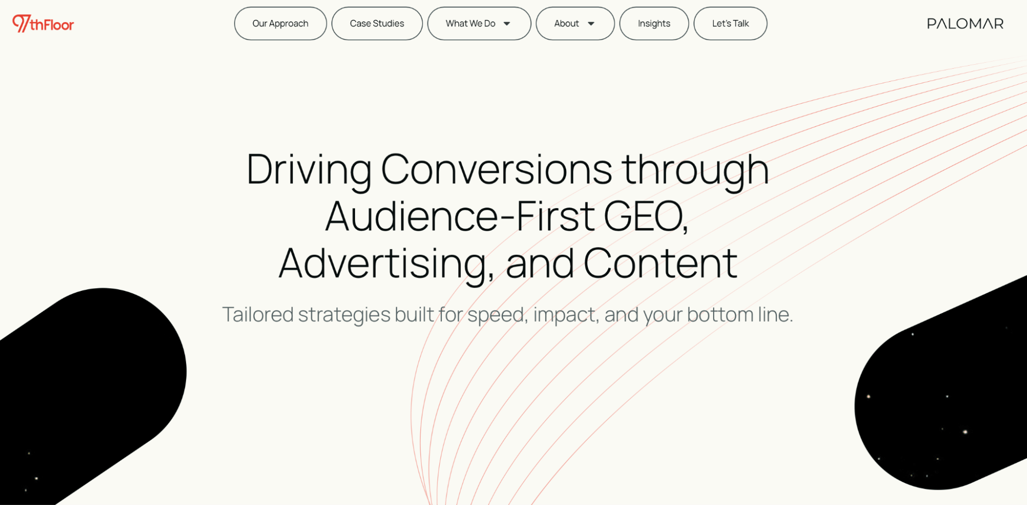 97th Floor homepage headlined "Driving Conversions through Audience-First GEO, Advertising, and Content," with its Palomar analytics platform in the navigation.