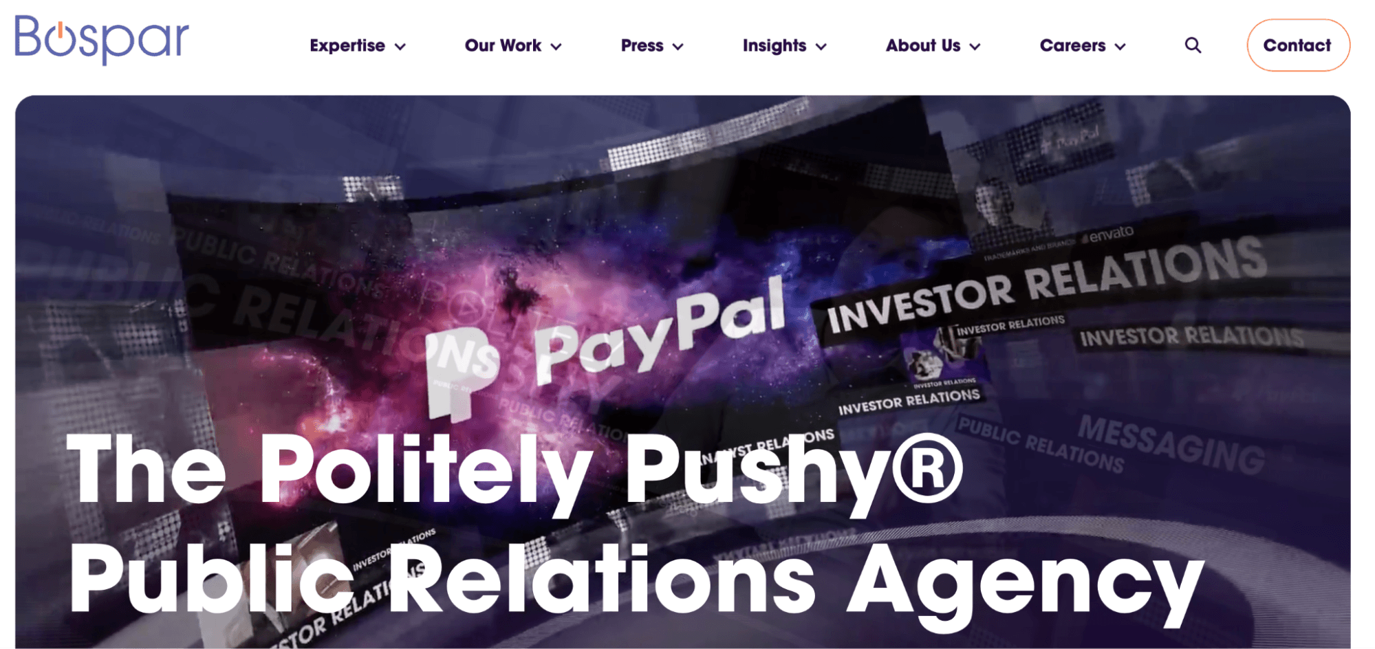 Bospar public relations agency homepage featuring PayPal investor relations creative and navigation for PR expertise, client work, insights, and careers.