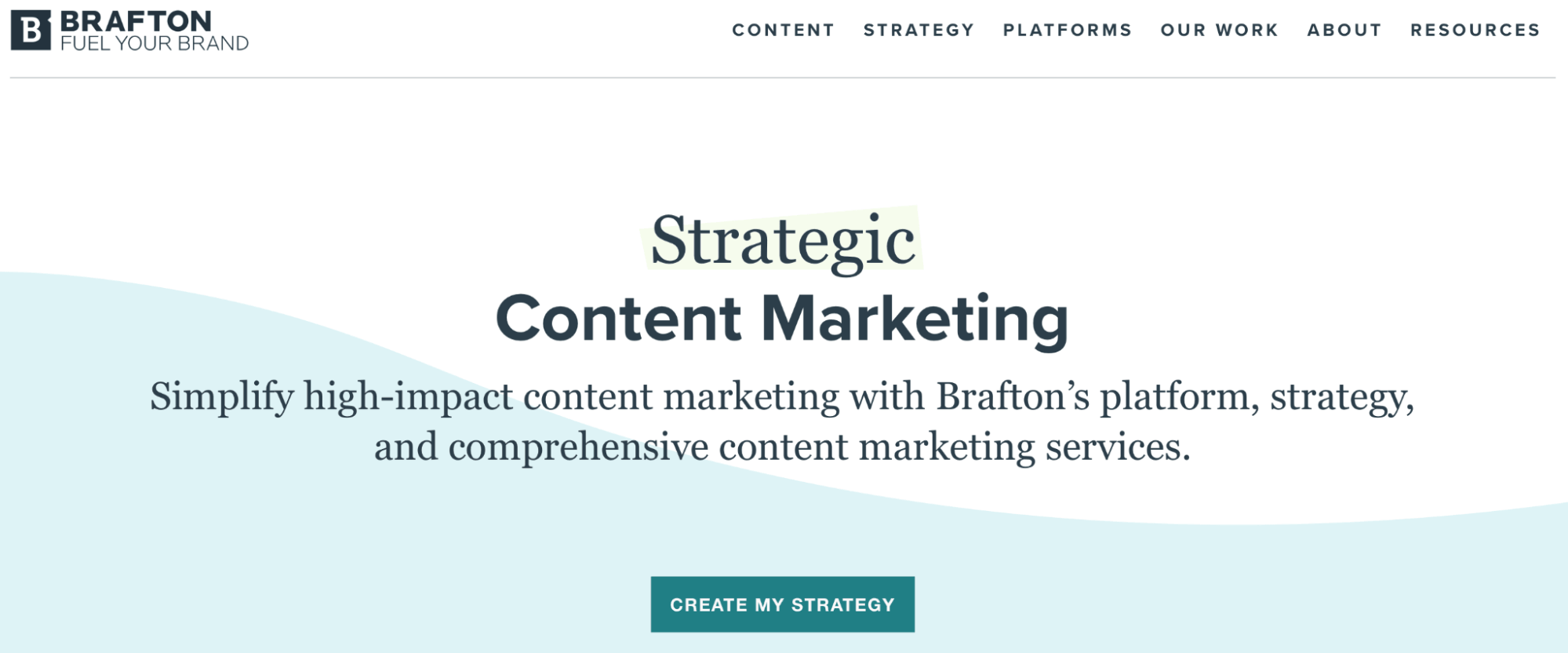Brafton homepage headlined "Strategic Content Marketing," reflecting its platform, strategy, and full-service content offering.