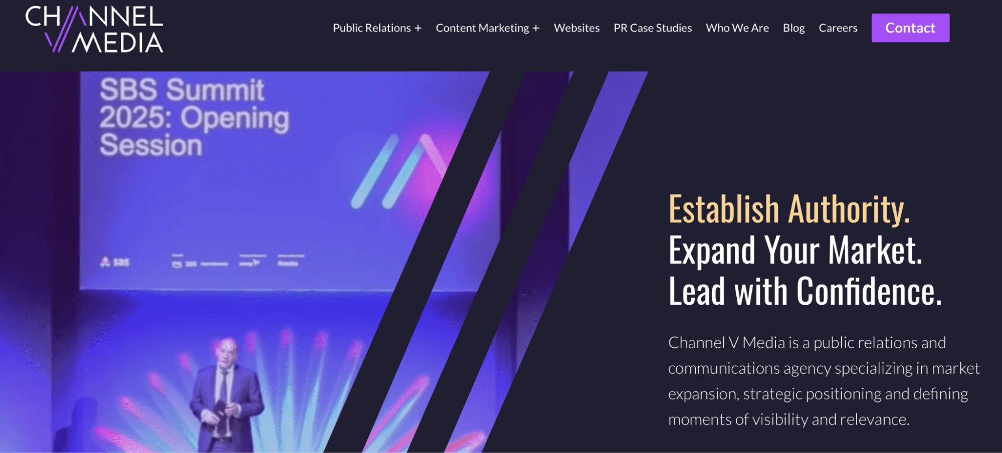 Channel V Media homepage promoting public relations, content marketing, websites, and strategic communications for market expansion and brand authority.