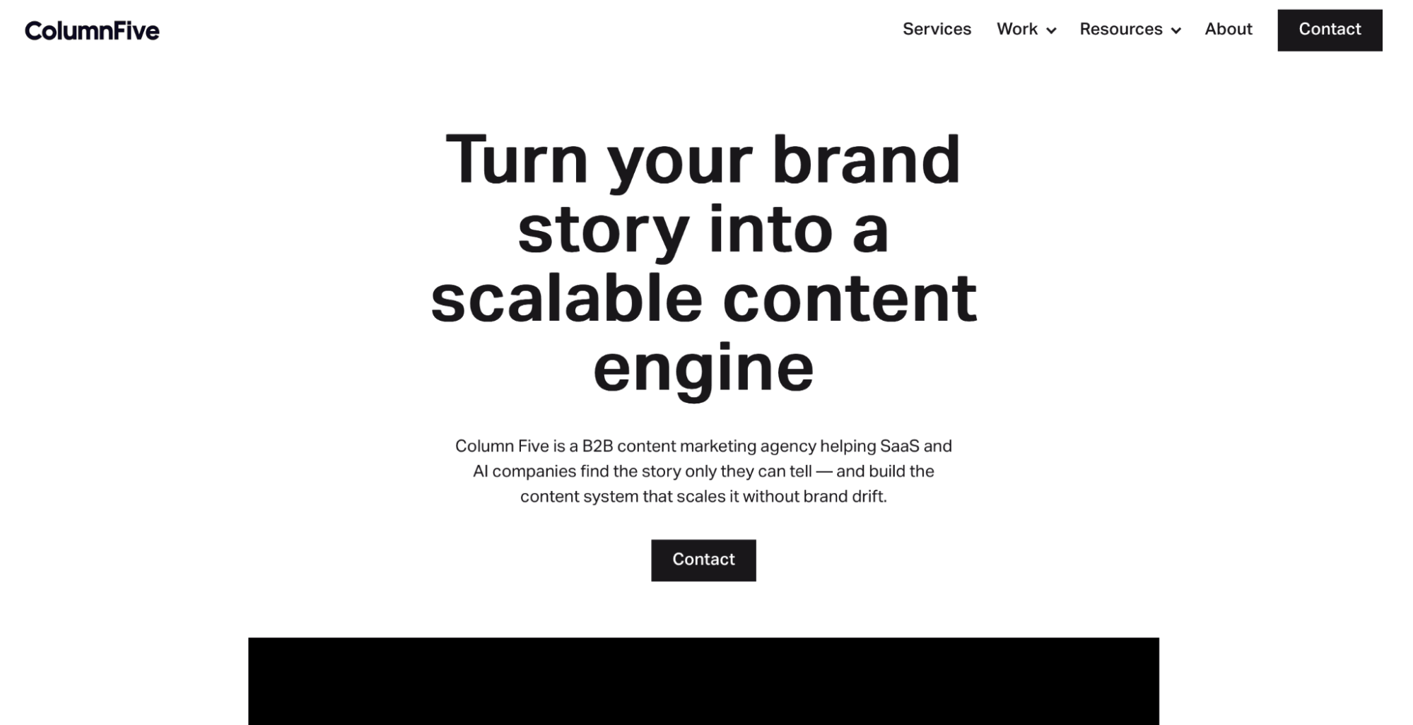 Column Five homepage with the headline "Turn your brand story into a scalable content engine," reflecting its data visualization work.