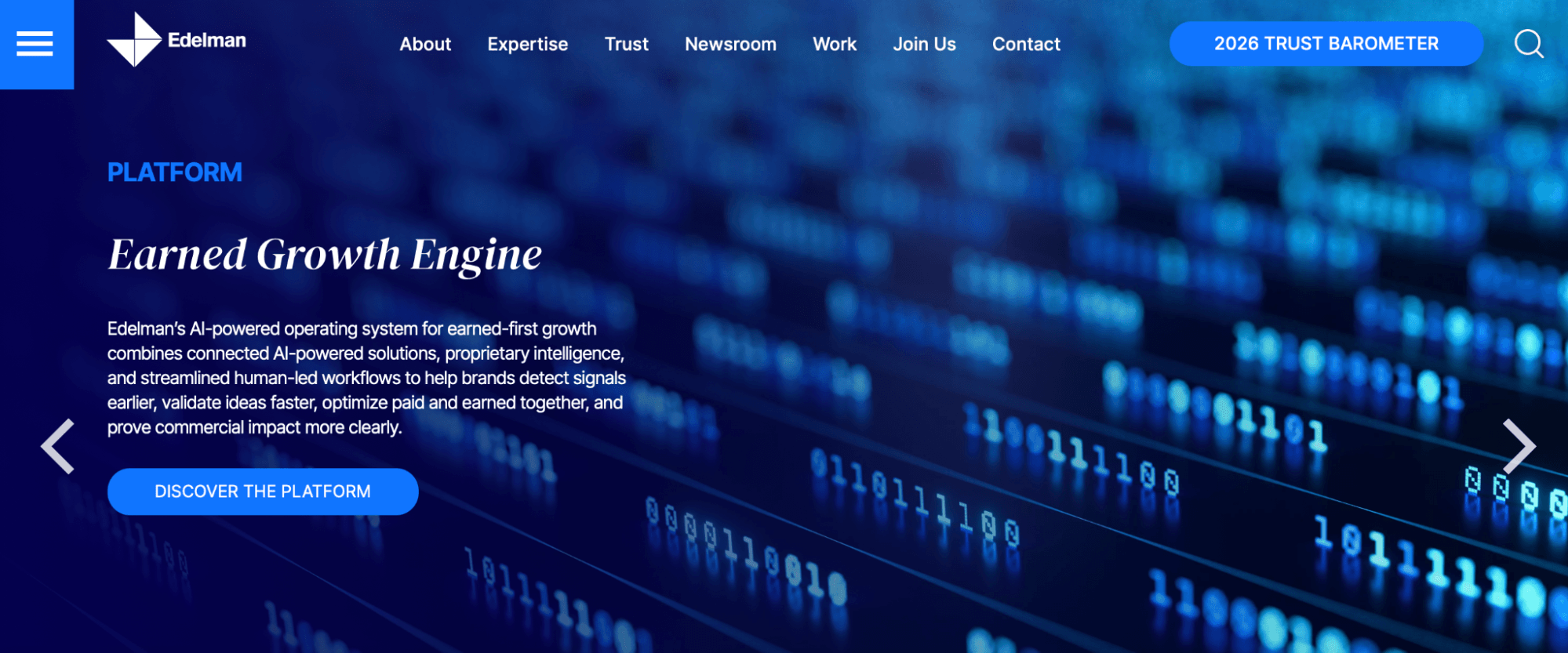Edelman homepage featuring its AI-powered Earned Growth Engine platform for brand intelligence, paid and earned media optimization, and commercial impact.