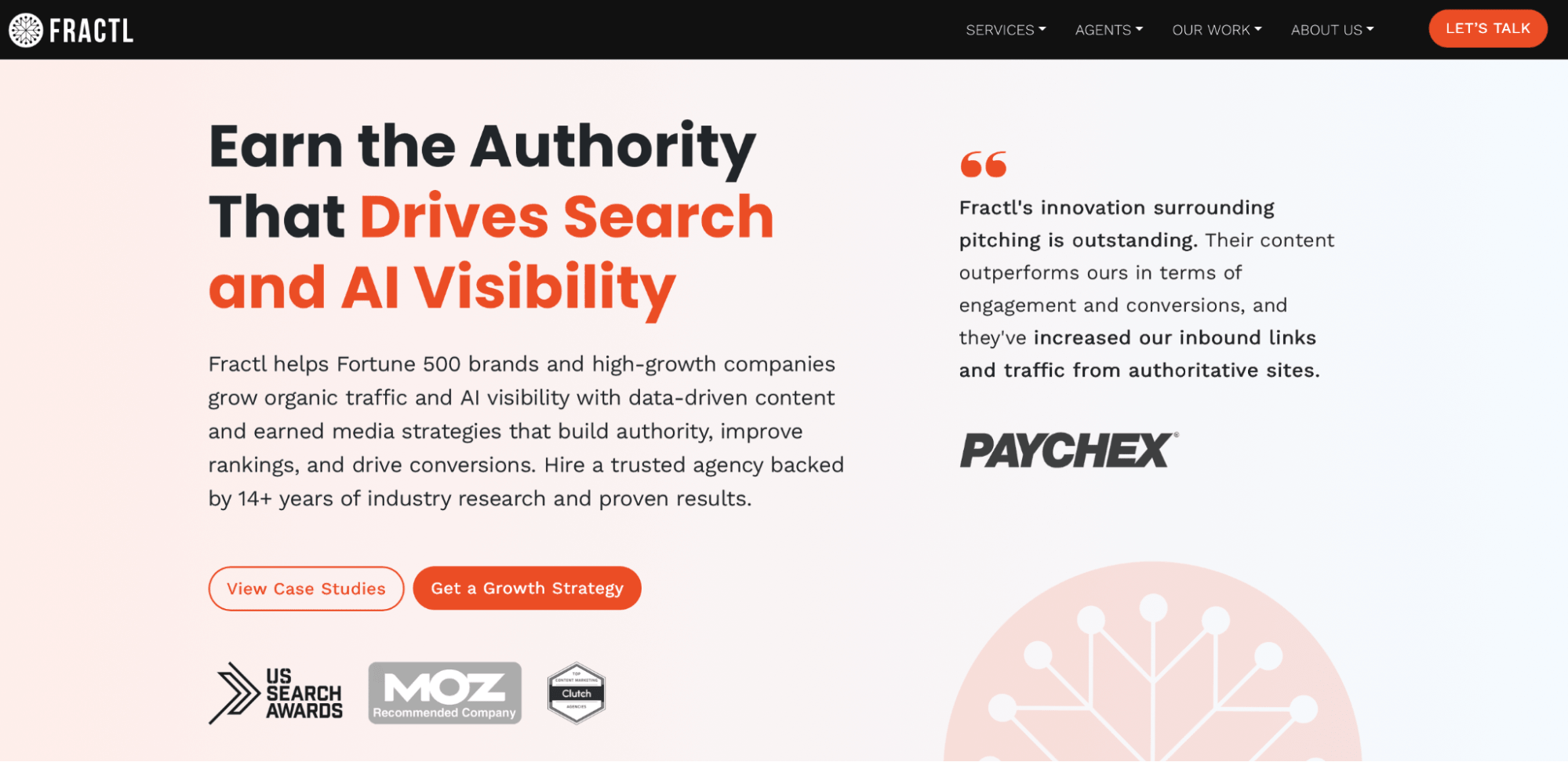 Fractl homepage with the headline "Earn the Authority That Drives Search and AI Visibility" and a client testimonial from Paychex.