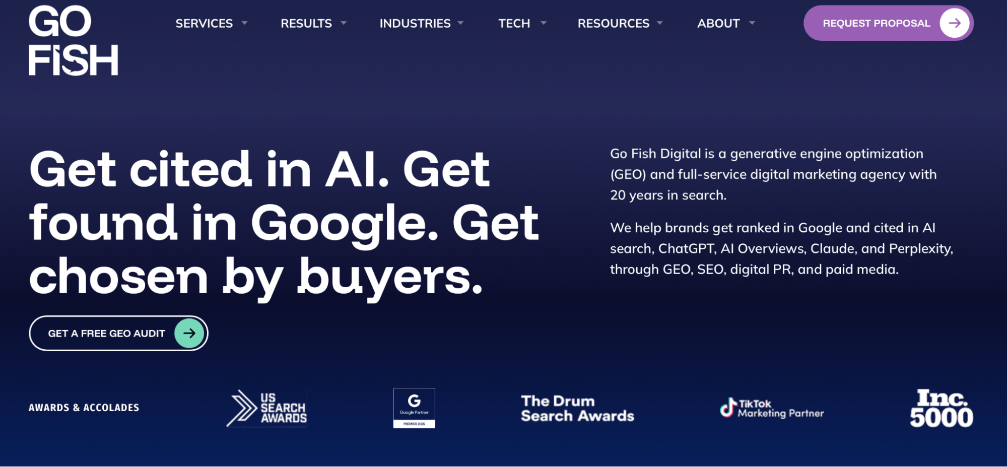 Go Fish Digital homepage featuring generative engine optimization, SEO, digital PR, paid media services, and awards from search and marketing organizations.