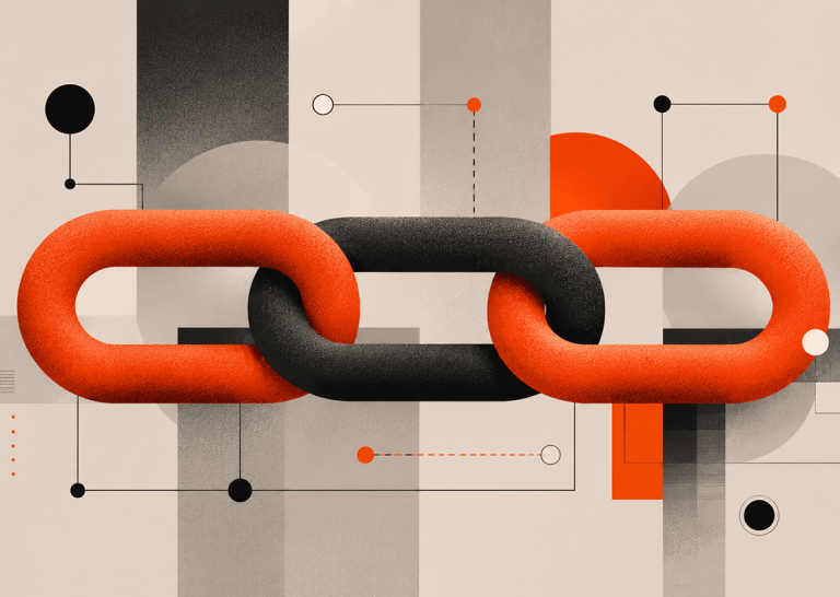 Three interlocking chain links in orange and black on a beige background with geometric shapes, representing link building and backlinks.