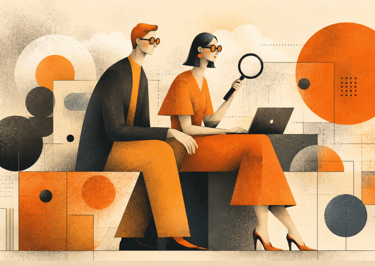 Two marketers use a magnifying glass and laptop to monitor how AI assistants mention their brand