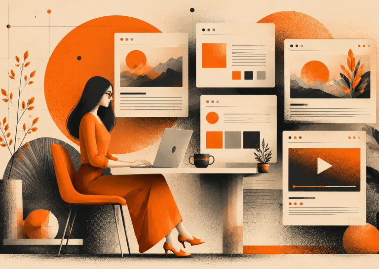 Illustration of a PR professional working on a laptop surrounded by news articles, headlines, and media coverage, representing newsjacking speed and how campaign timing drives press pickup.