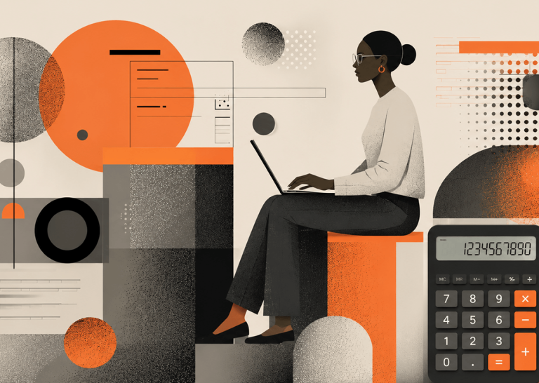 Illustration of a woman working on a laptop beside a calculator, surrounded by abstract charts and geometric shapes in orange, black, and cream.