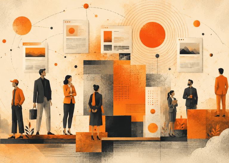 Illustration of marketing professionals standing among floating web pages, articles, and charts, representing AI platform citation patterns and the sources AI answers actually cite.