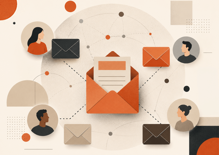 Illustration of an open orange envelope surrounded by sealed envelopes and journalist avatars connected by a network of dotted lines.