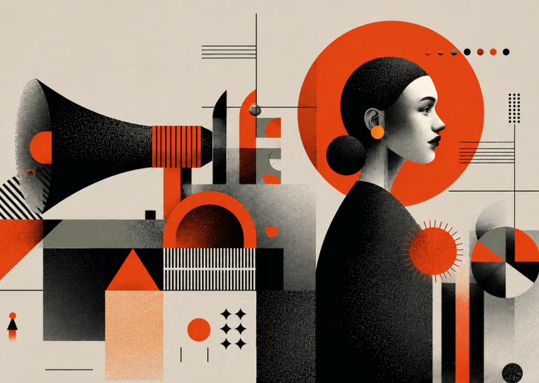 Geometric illustration of a megaphone broadcasting toward a woman's profile, symbolizing headlines crafted to earn media coverage.
