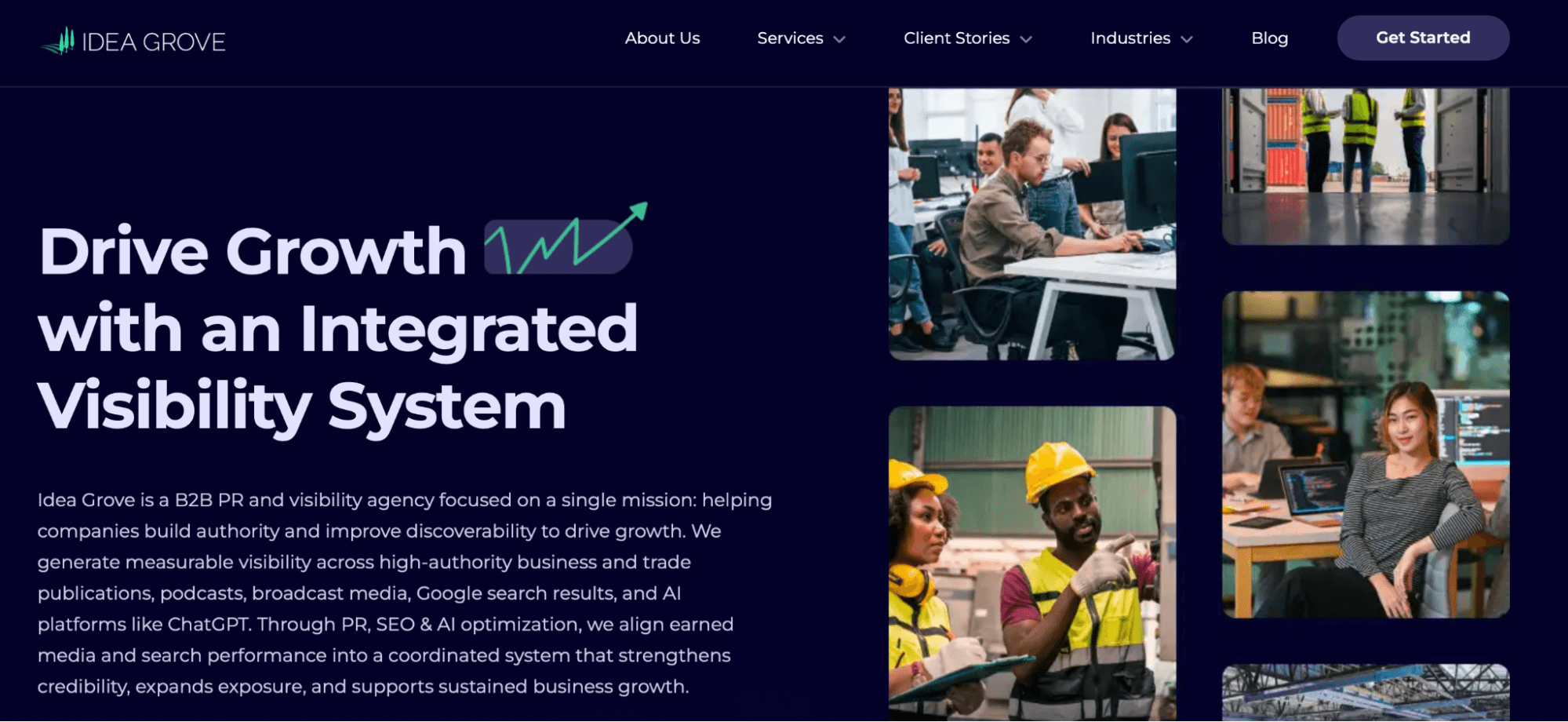 Idea Grove homepage promoting B2B PR, SEO, AI optimization, and integrated visibility services for business growth and brand discoverability.