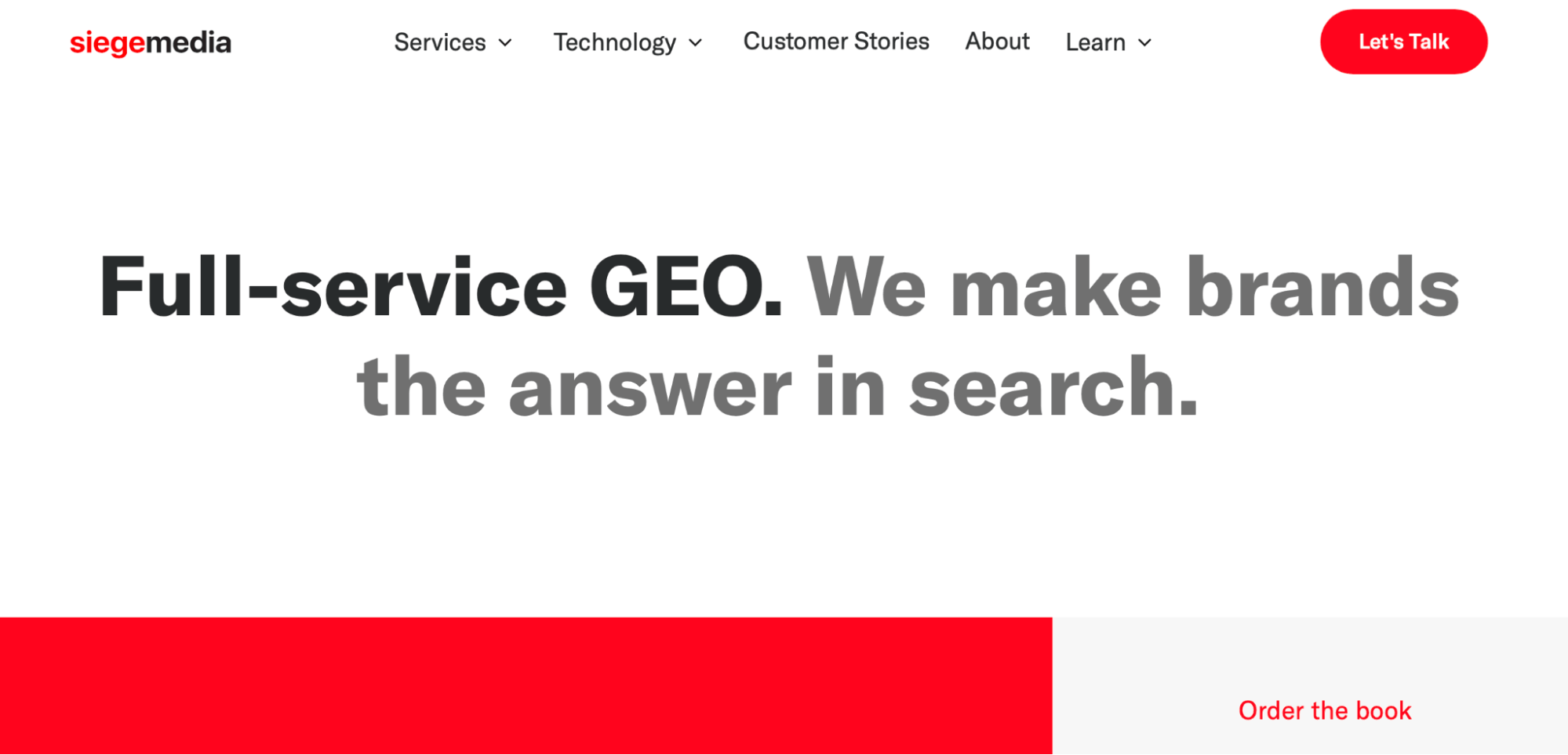Siege Media homepage with the headline "Full-service GEO. We make brands the answer in search," reflecting its SEO and generative engine optimization focus.