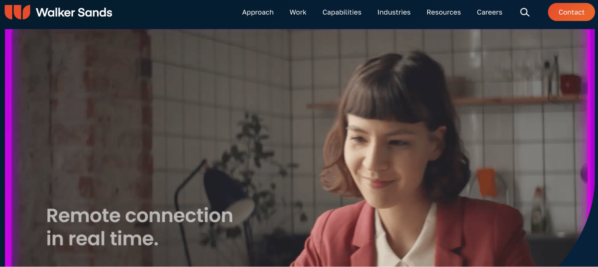 Walker Sands homepage featuring a remote professional video call and navigation for B2B marketing strategy, capabilities, industries, resources, and client work.