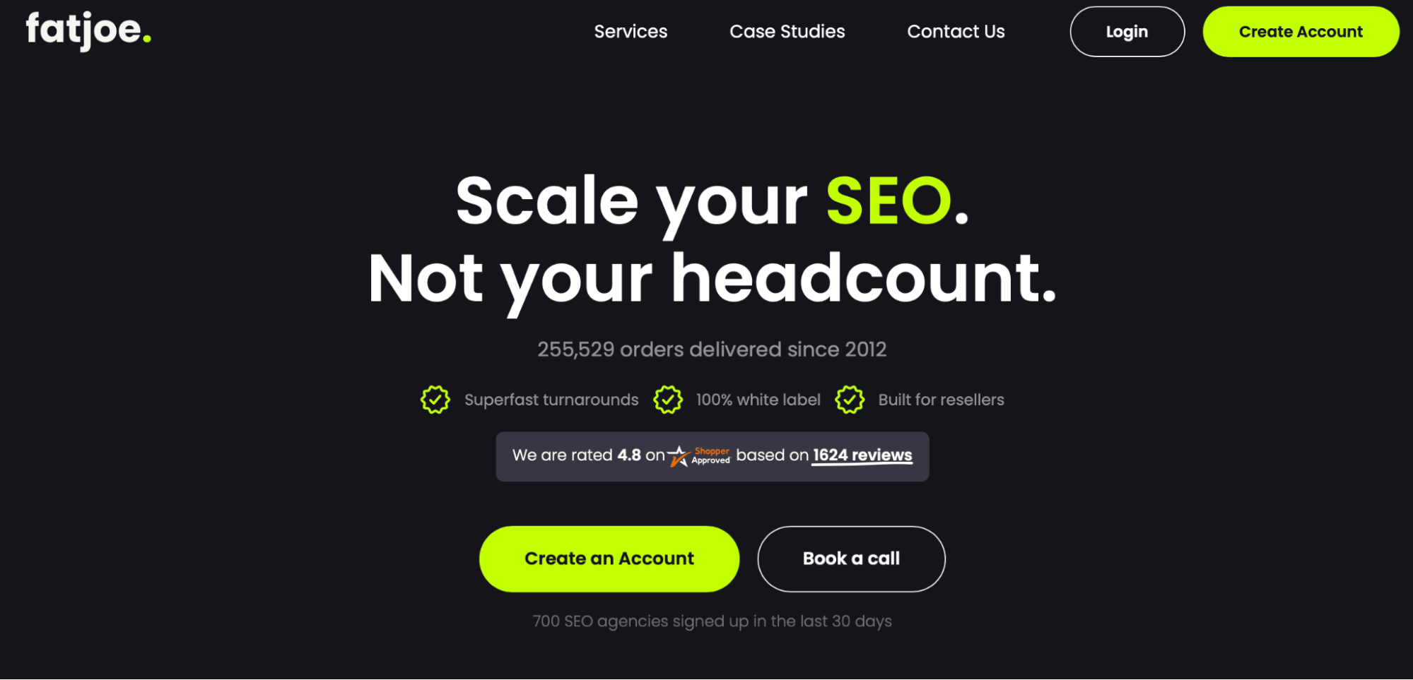 FATJOE homepage showing the headline Scale your SEO. Not your headcount.