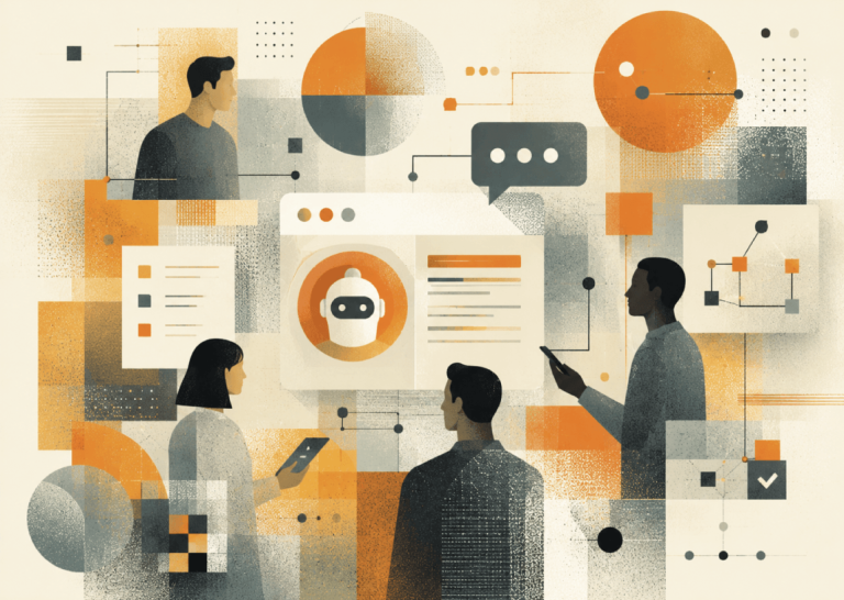 Illustration of people interacting with an AI chat interface surrounded by abstract data and network shapes.
